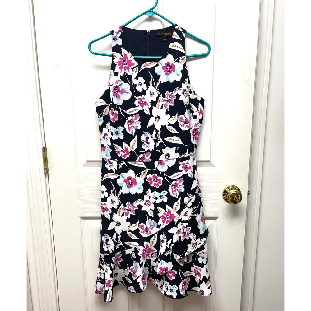 Banana Republic Dress, Fit Flare Sleeveless, Ruffle Wrap Hem, Floral, Size 4